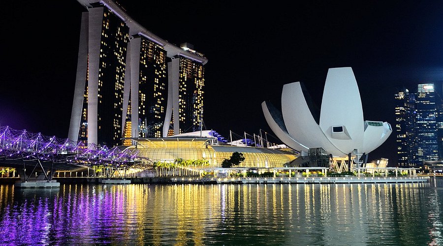 View from Helix Bridge toward Marina Bay attractions