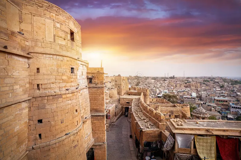 Desert fort skyline at sunset in Rajasthan