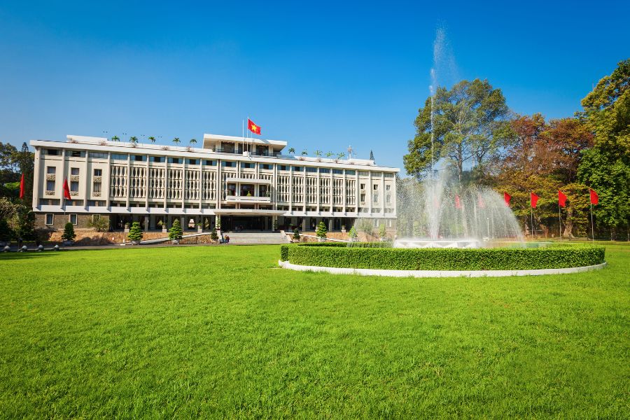 Courtyard and facade area of Independence Palace in Ho Chi Minh City
