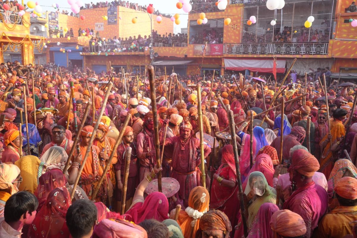 Lathmar Holi procession in Barsana streets