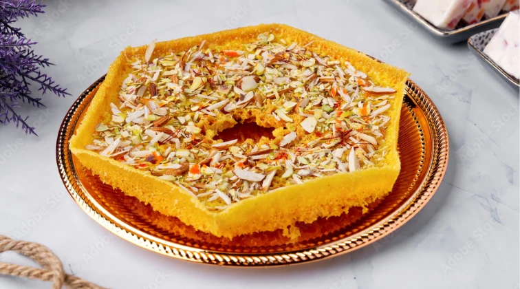 Traditional Rajasthani Holi sweets including Ghevar
