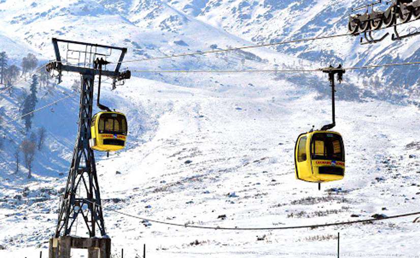 Gulmarg Gondola cable car ride with snow covered mountains