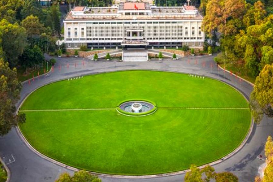 Palace grounds and architectural perspective at Independence Palace