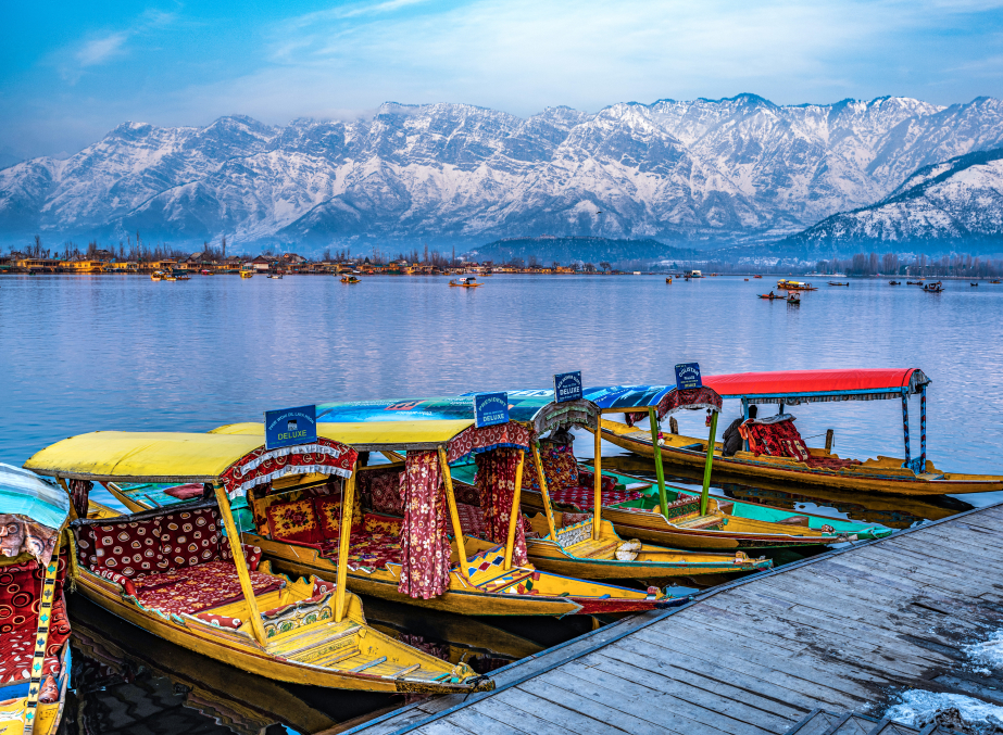 Dal Lake Srinagar with shikara boats at sunset