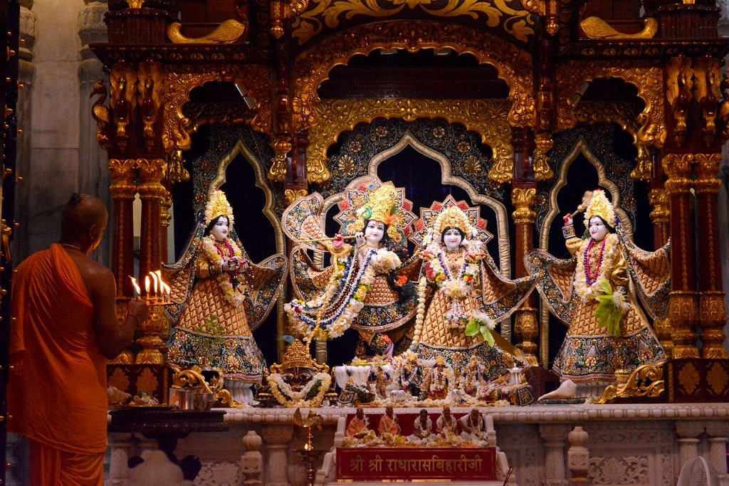 Inside prayer hall and devotional ambience at ISKCON Temple Mumbai