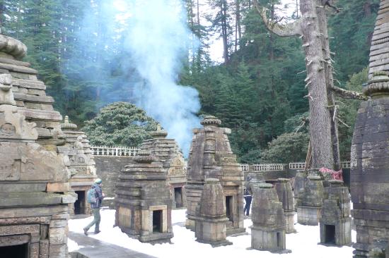 Jageshwar temples in winter with light snowfall