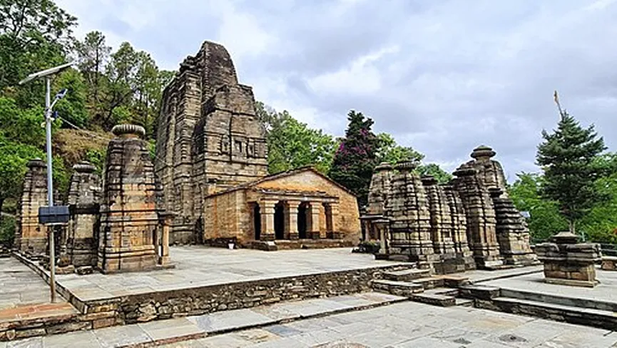 Katarmal Sun Temple stone architecture and hill backdrop overview