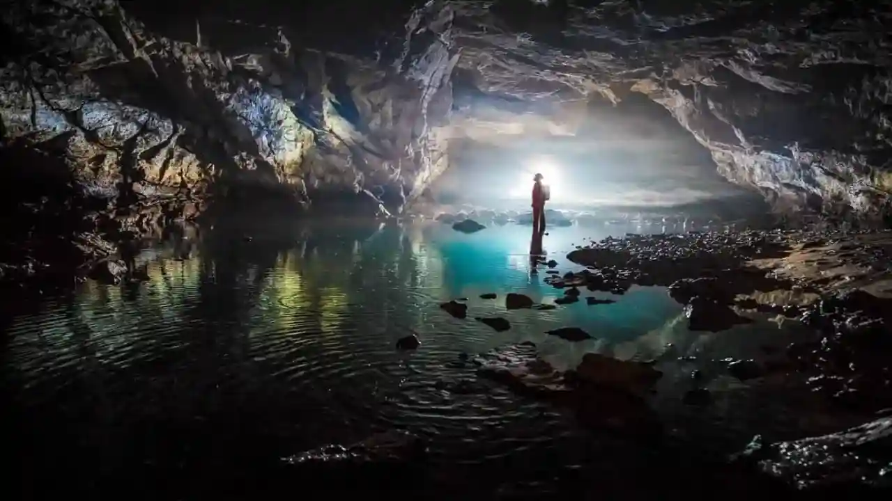 Underground river section in Krem Liat Prah cave