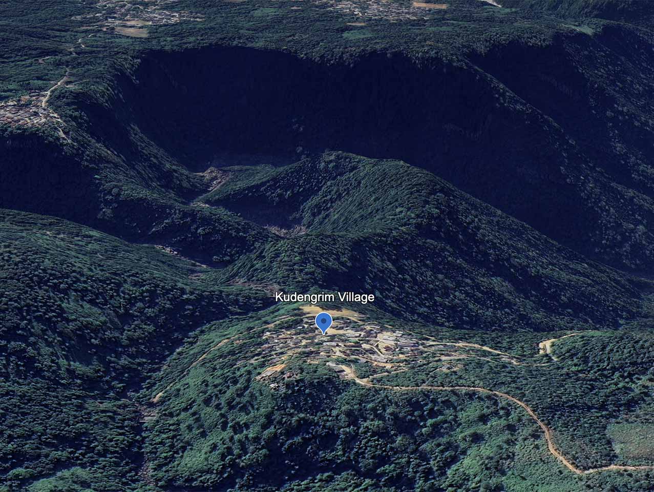 Aerial view of Kudengrim village in Meghalaya with traditional houses