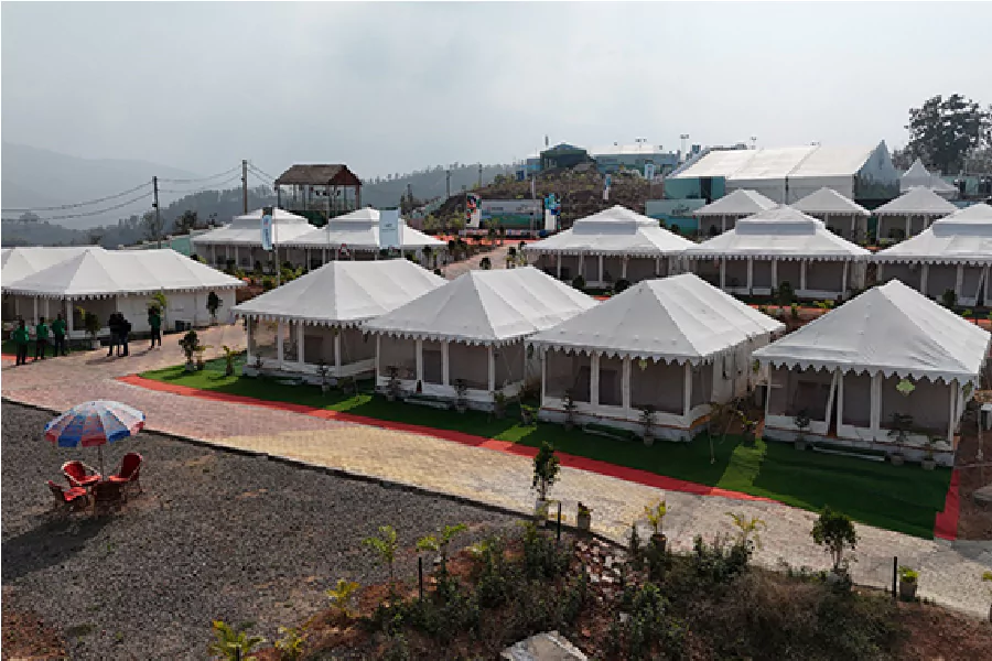 Tent accommodation setup and camp lanes at Kumbh Mela