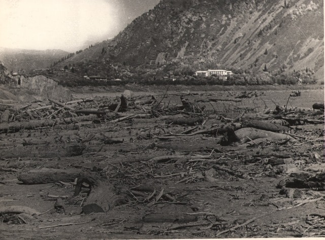 Historical photo showing aftermath of 1963 mudflow at Lake Issyk