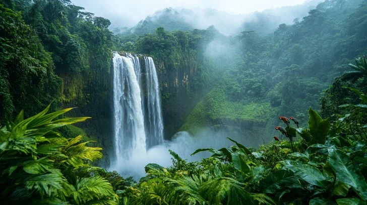 Mist rising from Langshiang Falls into surrounding forest