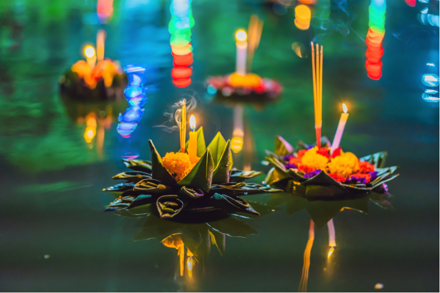 Loi Krathong floating lights in Thailand