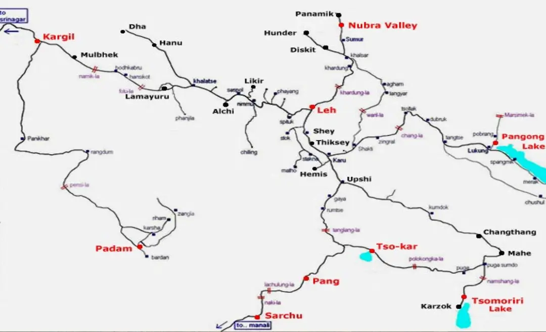 Changthang bike trip route map