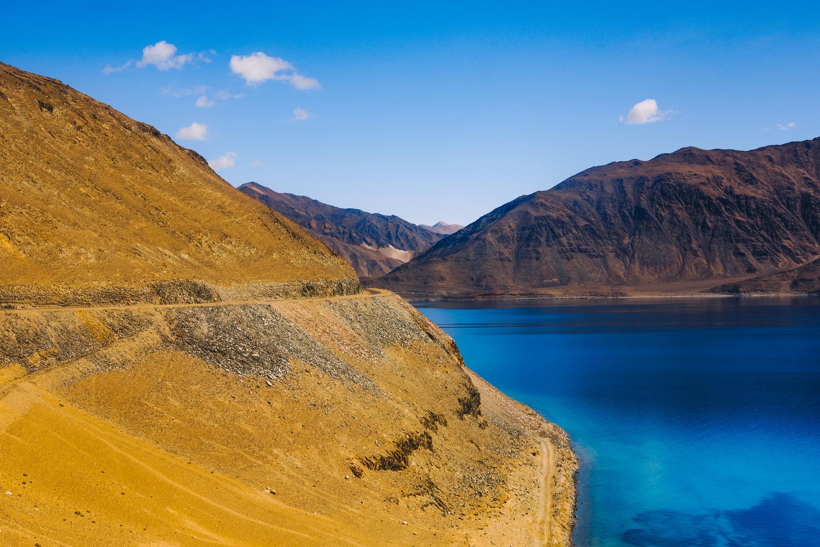 Pangong Lake shoreline view near Spangmik