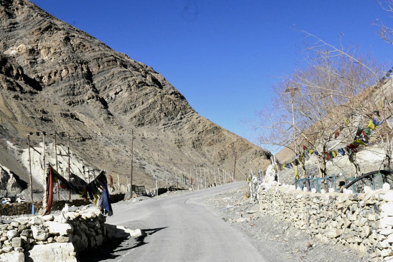 Scenic mountain road leading to Lingti Waterfall in Spiti Valley