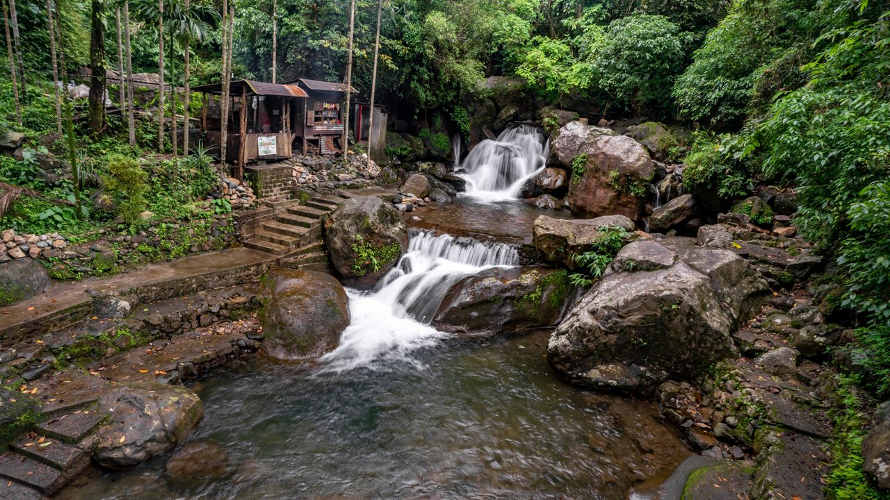 Stone steps trekking path to Double Decker Root Bridge Meghalaya