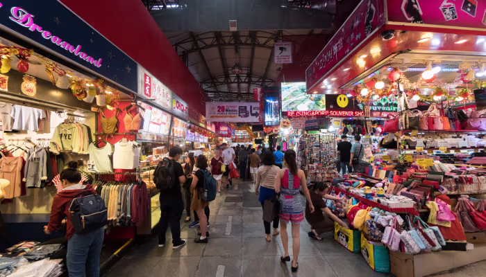 Busy local market street in Singapore