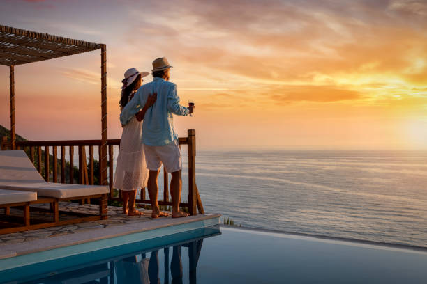 Romantic couple enjoying honeymoon destination