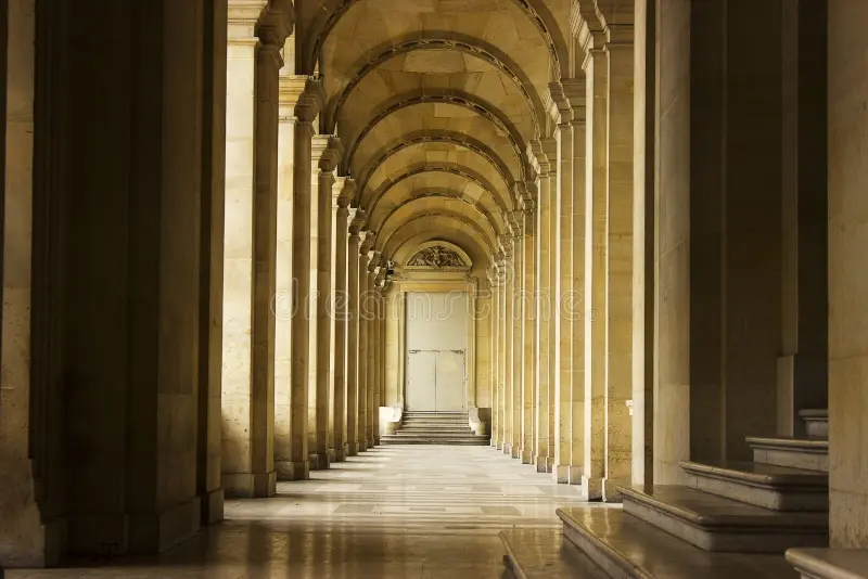 Interior gallery hallway inside Louvre Museum