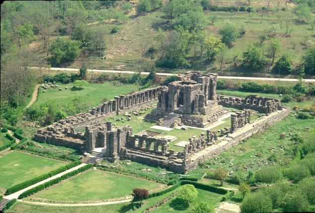 Stone columns and central sanctuary remains at Martand Sun Temple