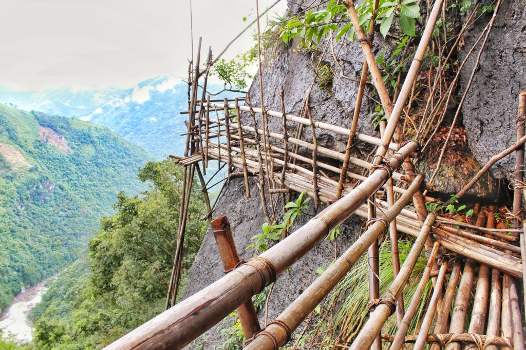 Narrow bamboo bridge section on Mawryngkhang trek route in Meghalaya