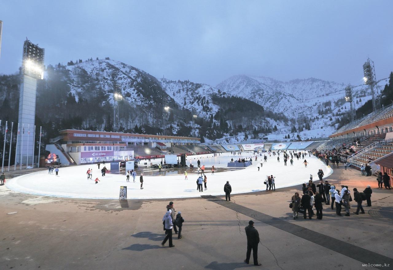 Medeu ticket counter with pricing information for skating and cable car