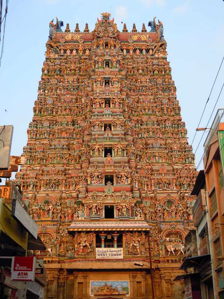 Four majestic gopurams towering above the temple complex