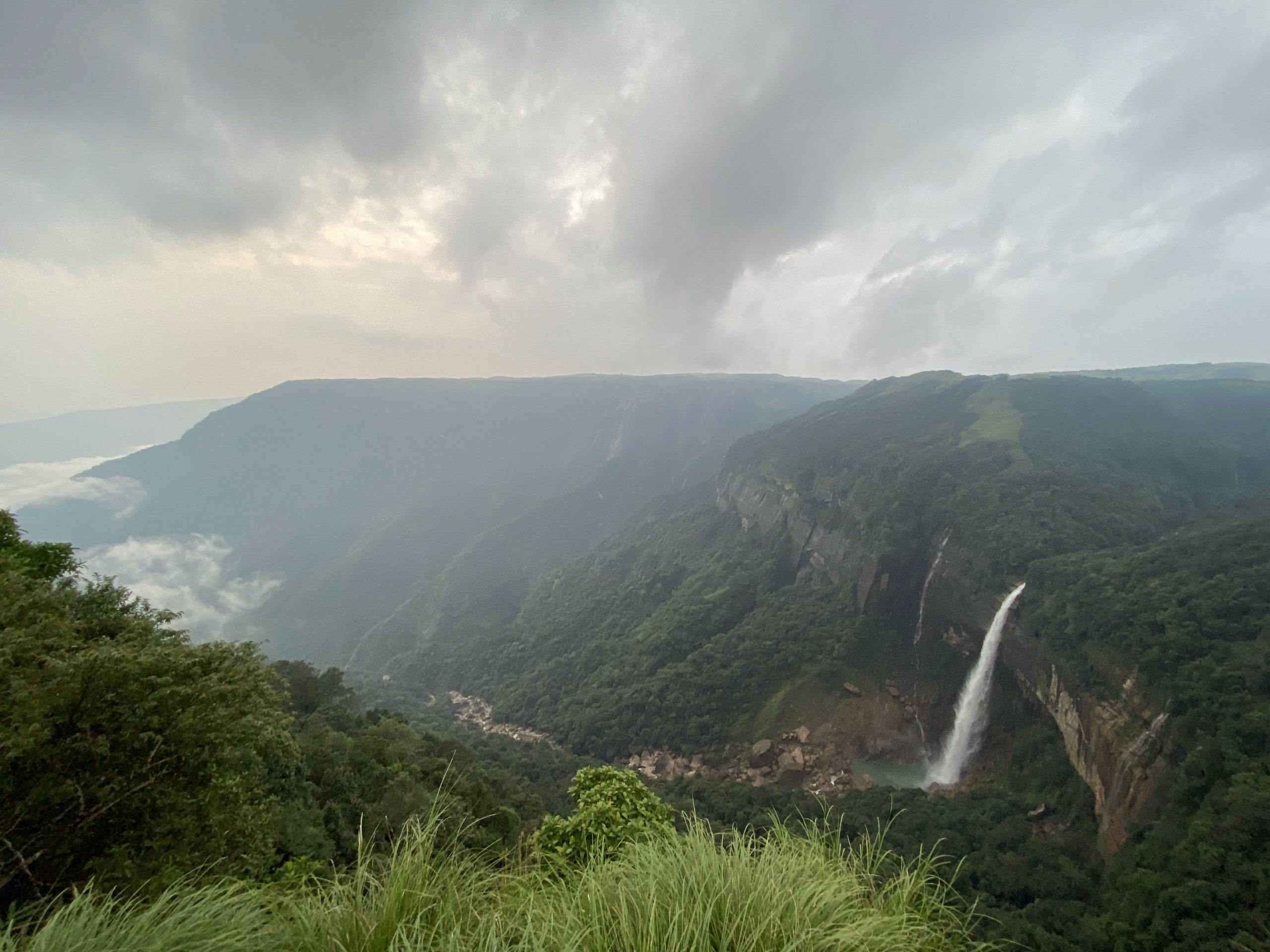 Spectacular waterfall in Meghalaya during monsoon with full force flow