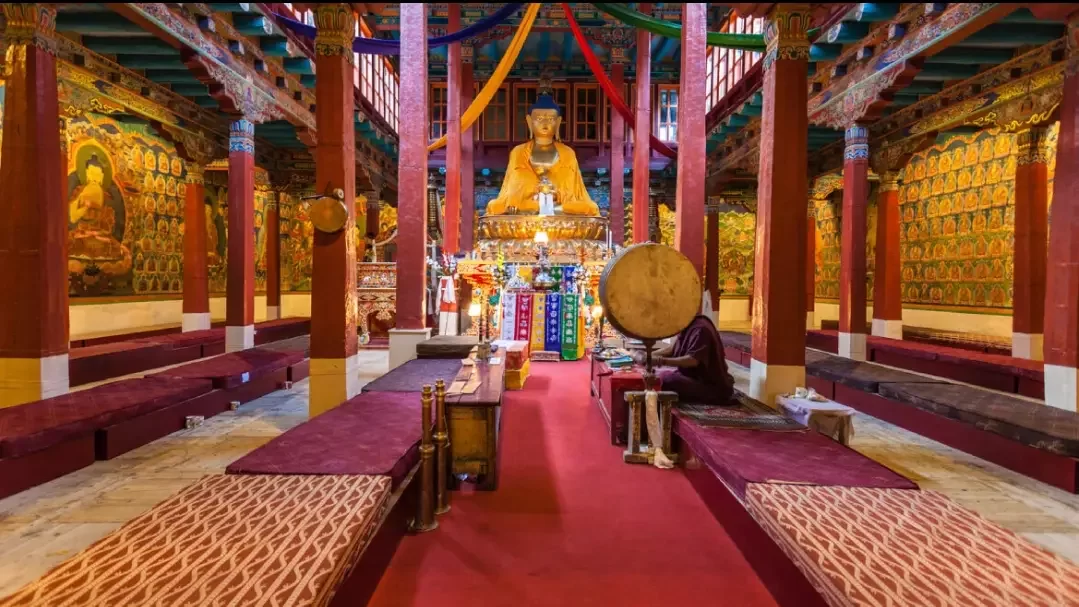 Prayer hall interior in a Ladakh monastery
