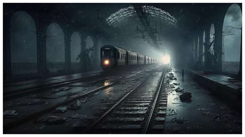 Railway tracks at night with fog