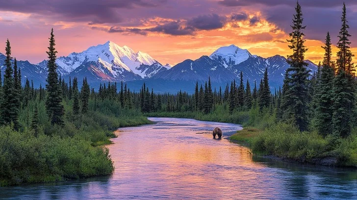Beautiful mountain landscape with snow capped peaks and green valleys