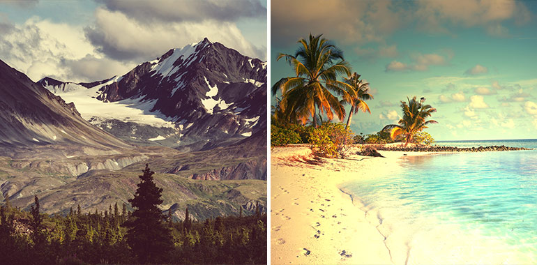 Mountains vs Beaches vacation comparison showing scenic views of both