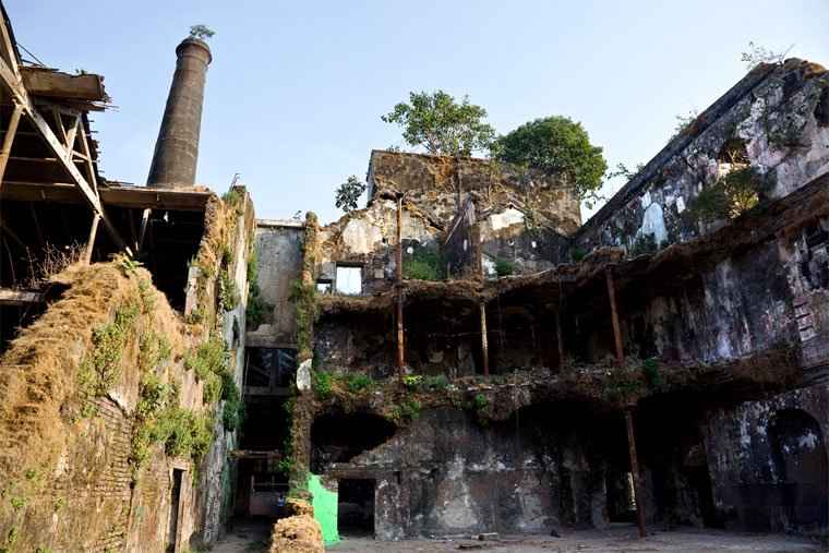 Ruined industrial section of Mukesh Mills after decades of abandonment