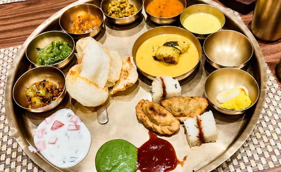 Traditional Gujarati thali at a restaurant in Ahmedabad