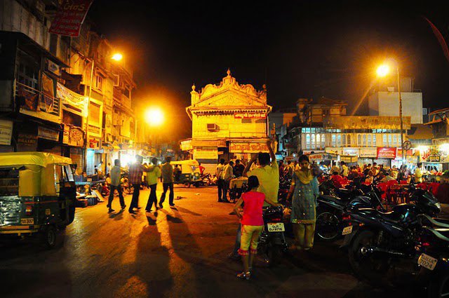 Night food market scene in Ahmedabad