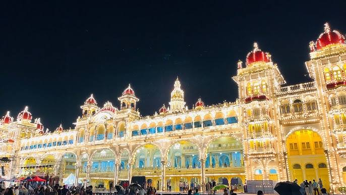 Mysore Palace illuminated during Dasara with thousands of lights