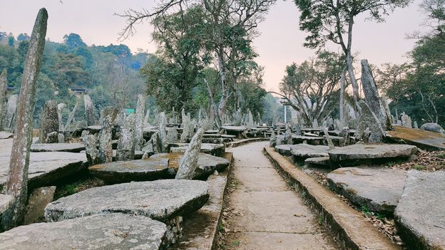 Aerial view of Nartiang monoliths collection in Meghalaya Jaintia Hills