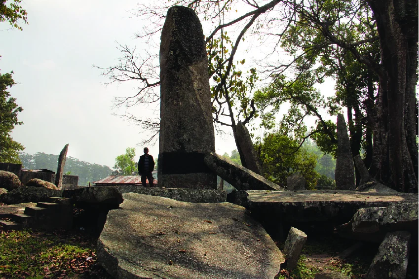 The tallest monolith at Nartiang reaching over 27 feet in height
