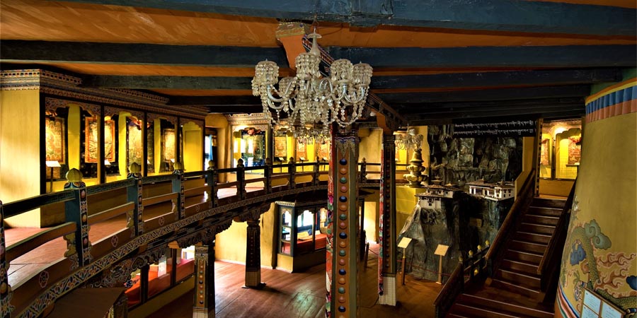 Traditional staircase leading up to Ta Dzong circular watchtower structure