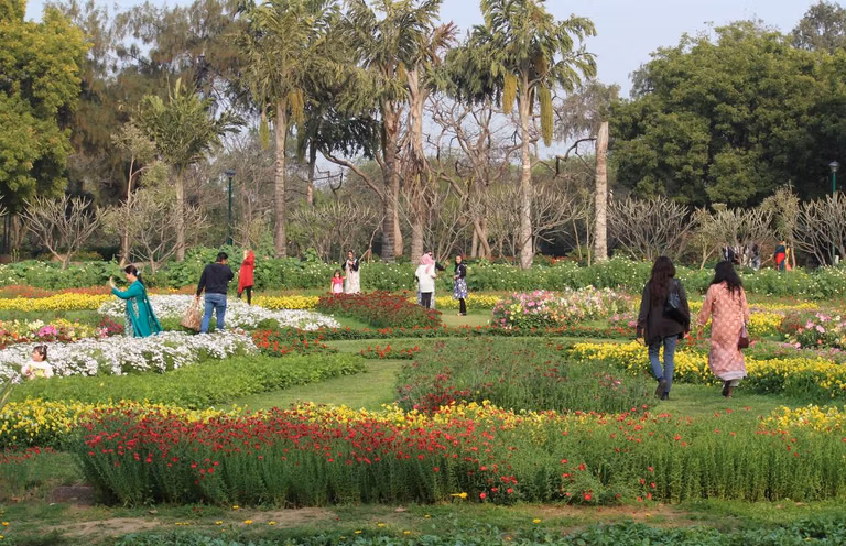 Families relaxing on Nehru Park lawns with children playing