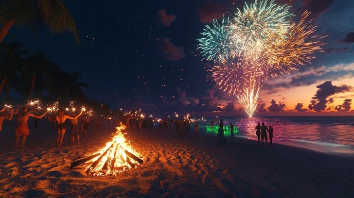 Beach fireworks and countdown celebration on New Year night