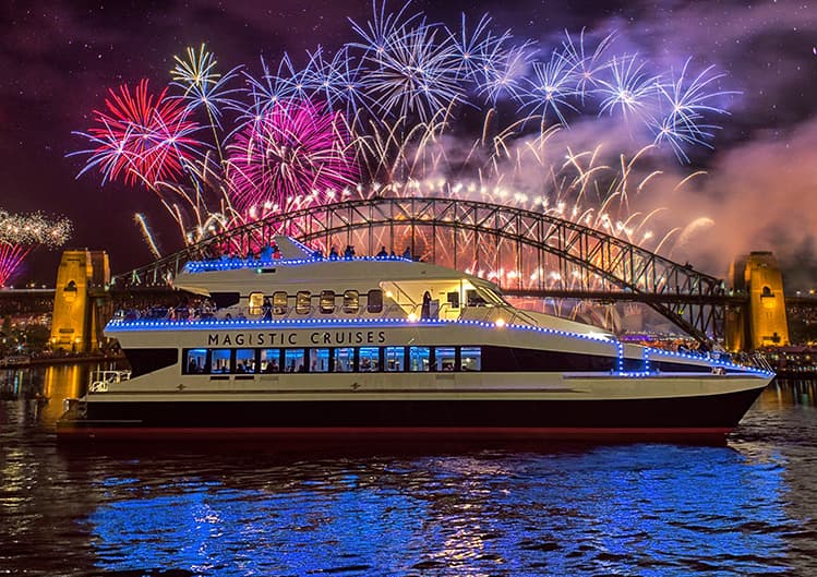 New Year harbour cruise in Sydney with night skyline