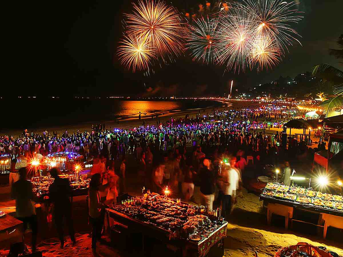 New Year party crowds and city nightlife celebrations around the world
