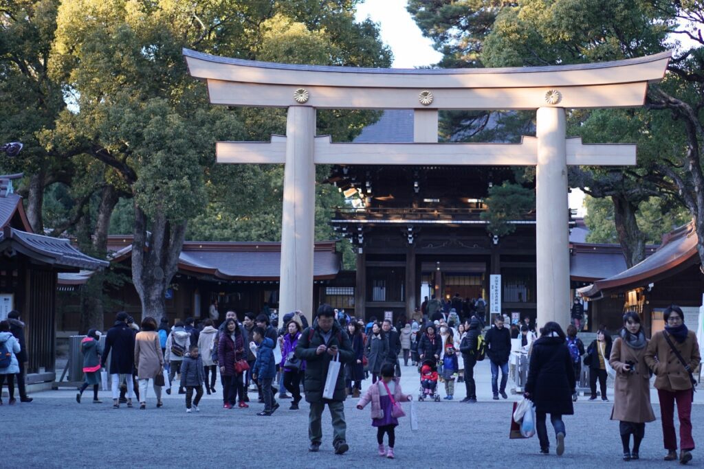 Crowd at Japanese shrine during first visit of New Year