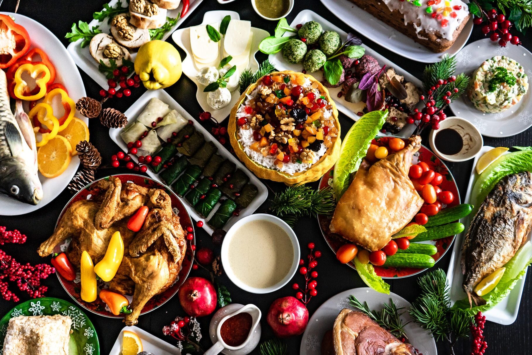 New Year foods and fireworks representing global traditions
