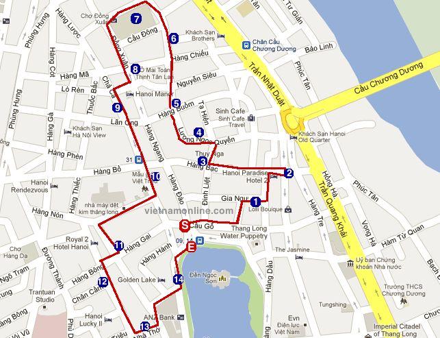 Walking route map style scene in Old Quarter Hanoi
