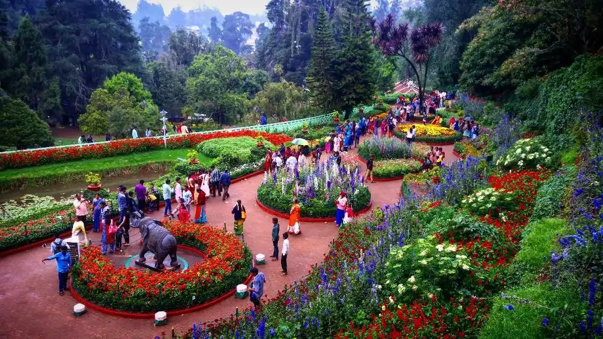 Visitors walking through botanical garden during festival season