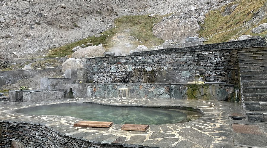Panamik Hot Springs in Nubra Valley with steam rising