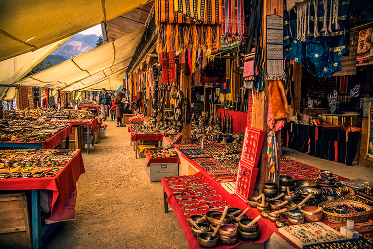Paro town market street and shops in Bhutan
